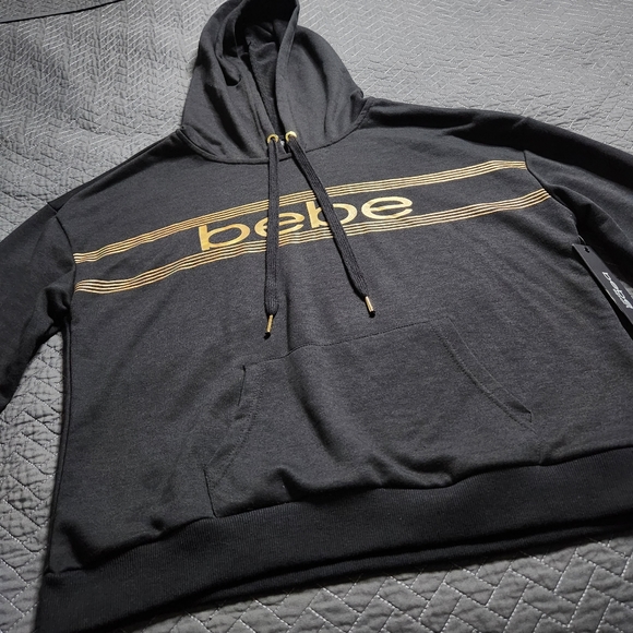 bebe Sport Logo Print Long Sleeve Hooded Pullover Sweatshirt w/ Thumb Holes SzXL - Picture 3 of 14